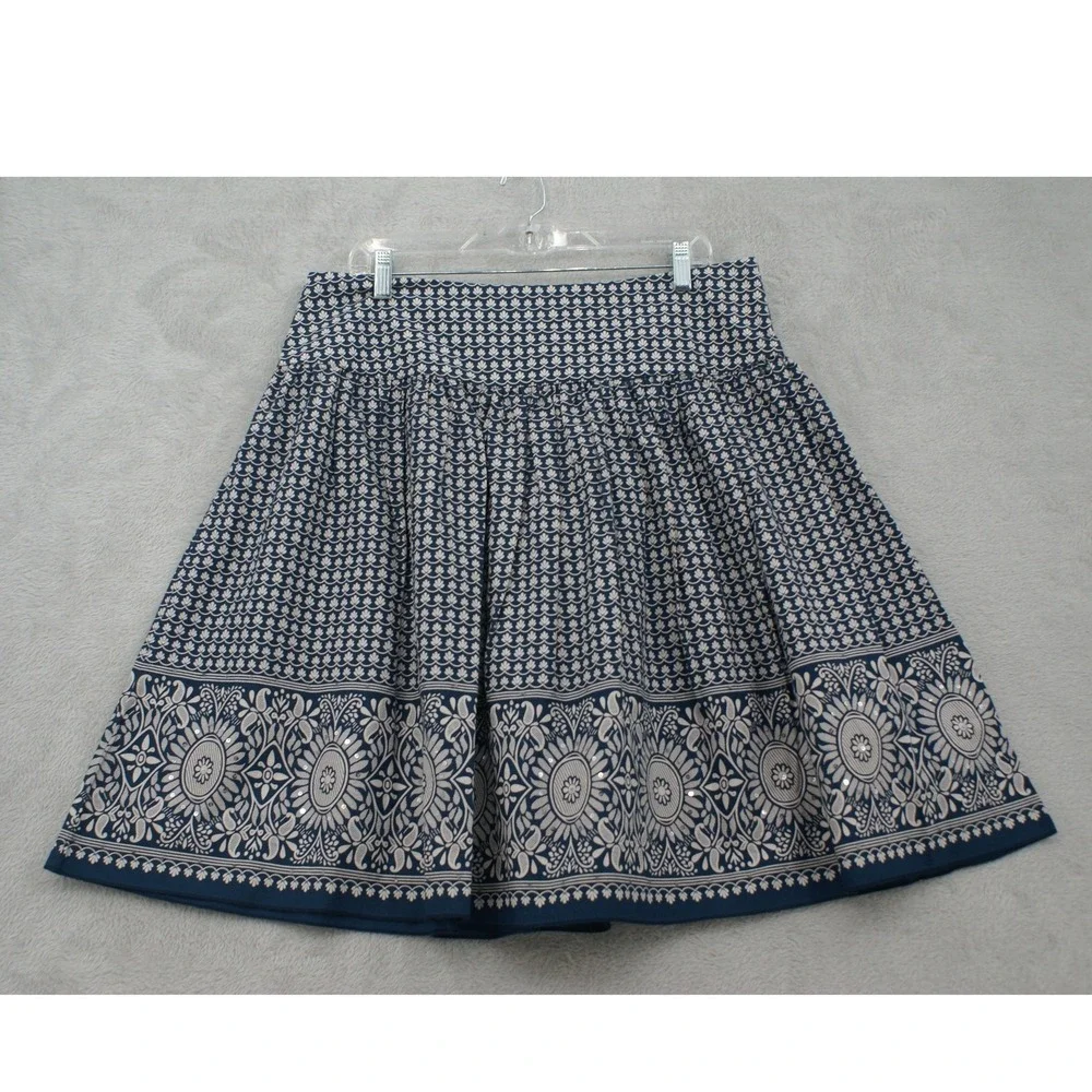 St. Johns Bay Blue White Paisley Sequin Cotton A-Line Skirt Women Size 16 Boho